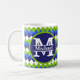 Blue, Lime Green and White Argyle Monogram Coffee  Coffee Mug