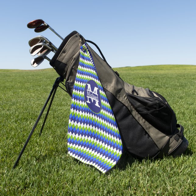 Blue, Lime Green and White Argyle Monogrammed Golf Towel (Green)