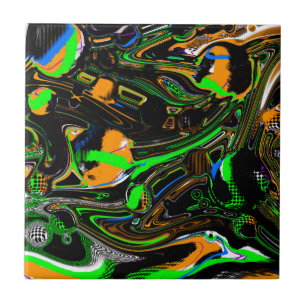 Blue, Lime Green, Orange, Black and White Abstract Tile