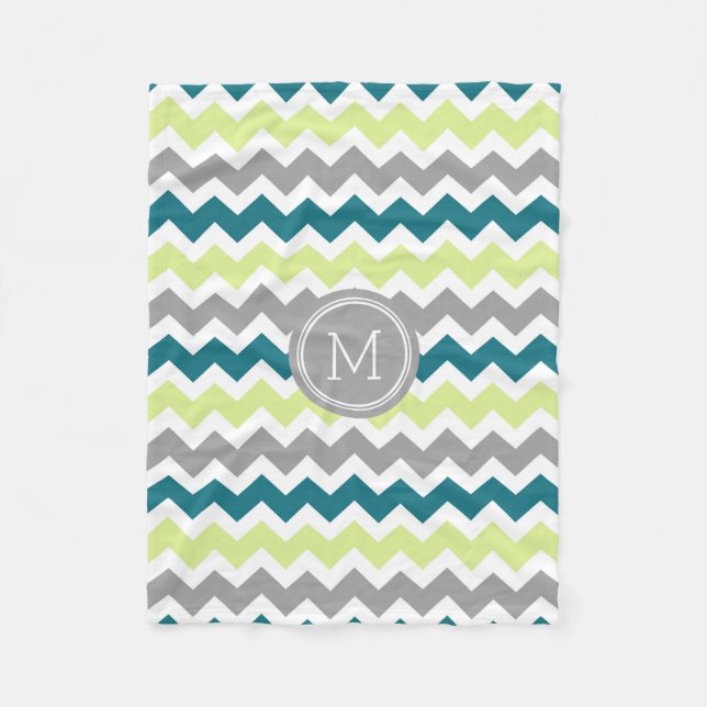 Blue Lime Grey Chevron Pattern Monogram Blanket (Front)