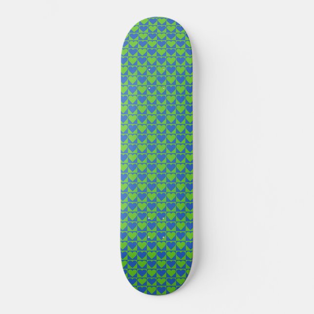 Blue / Lime Heart Pattern custom skateboard (Front)
