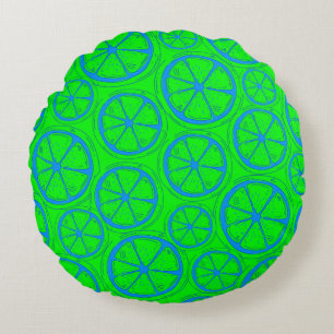 Blue Lime Lemon Pattern with Neon Green Background Round Pillow
