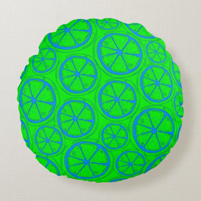 Blue Lime Lemon Pattern with Neon Green Background Round Pillow (Front)