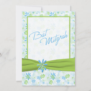 Blue, Lime, White Floral with Lime Faux Ribbon Invitation