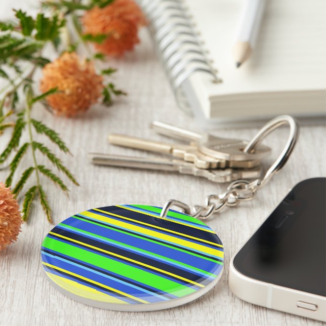 Blue, Lime, & Yellow Striped Acrylic Keychain (Front Right)