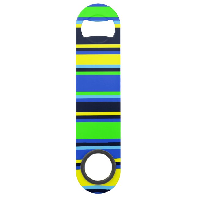Blue, Lime, & Yellow Striped Opener Bar Key (Front)