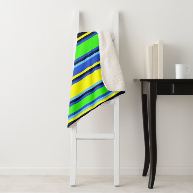 Blue, Lime, & Yellow Striped Sherpa Blanket (In Situ)