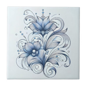Blue Line Art Abstract Flower Decoration for Desig Tile