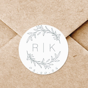 Blue Line Art Botanical Wreath Wedding Monogram Classic Round Sticker