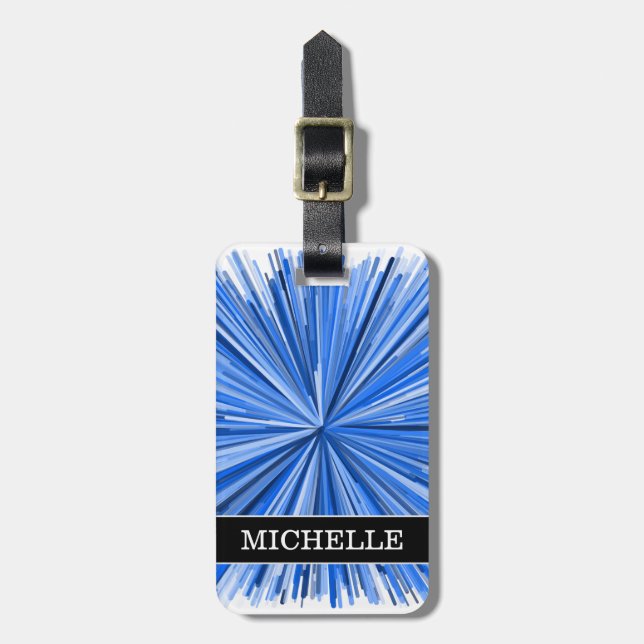 Blue Line Burst Pattern + Custom Name Luggage Tag (Front Vertical)