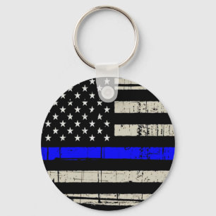 Blue Line Flag Poilice Support American USA Keychain