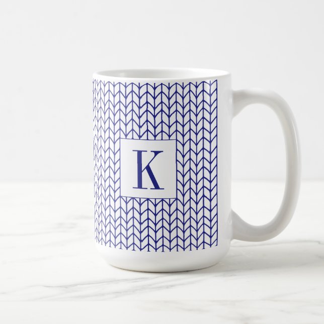 BLUE LINE KNIT Tall White Mug + Initial (Right)