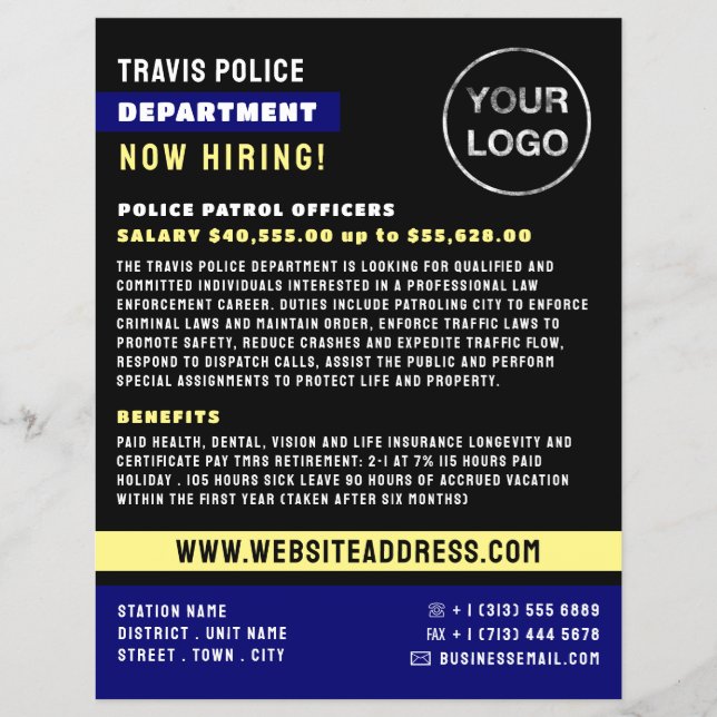Blue Line & Logo, Police Officer, Law Recruitment Flyer (Front)