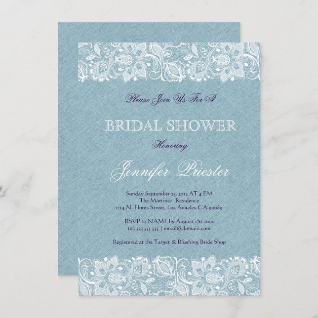 Blue Linen Burlap & White Floral Lace 2 Invite (Front/Back)