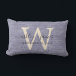 Blue Linen Ivory Monogram Wedding Keepsake Lumbar Pillow<br><div class="desc">Elegant wedding keepsake blue woven linen effect pillow with your text in dark grey chic handwritten script calligraphy. Simply add your names, monogram and wedding date. Great gift for a newlywed couple. Exclusively designed for you by Happy Dolphin Studio. If you need any help or matching products, please contact us...</div>