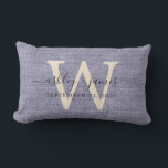 Blue Linen Ivory Monogram Wedding Keepsake Lumbar Pillow<br><div class="desc">Elegant wedding keepsake blue woven linen effect pillow with your text in dark grey chic handwritten script calligraphy. Simply add your names, monogram and wedding date. Great gift for a newlywed couple. Exclusively designed for you by Happy Dolphin Studio. If you need any help or matching products, please contact us...</div>