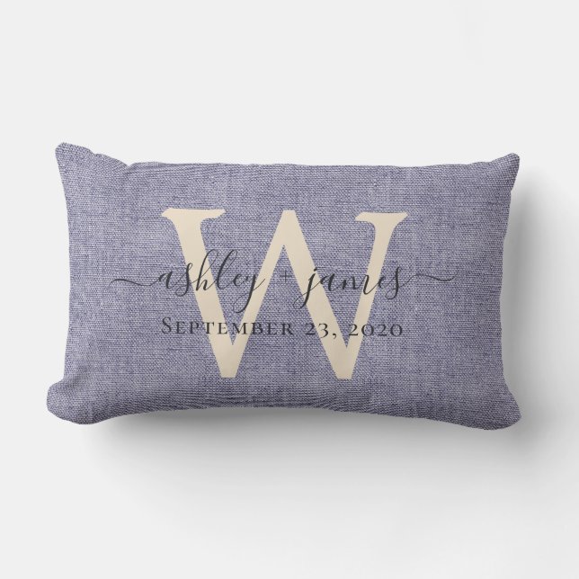 Blue Linen Ivory Monogram Wedding Keepsake Lumbar Pillow (Front)