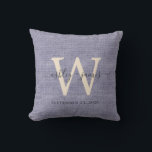 Blue Linen Ivory Monogram Wedding Keepsake Throw Pillow<br><div class="desc">Elegant wedding keepsake blue woven linen effect pillow with your text in dark grey chic handwritten script calligraphy. Simply add your names, monogram and wedding date. Great gift for a newlywed couple. Exclusively designed for you by Happy Dolphin Studio. If you need any help or matching products, please contact us...</div>