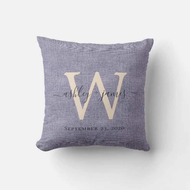 Blue Linen Ivory Monogram Wedding Keepsake Throw Pillow (Front)