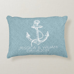 Blue Linen Print & White Boat Anchor Decorative Pillow
