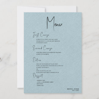 Blue linen Simple Black Script Wedding Menu Invitation