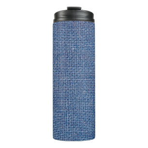 Blue linen texture closeup photo background. thermal tumbler