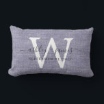 Blue Linen White Monogram Wedding Keepsake Lumbar Pillow<br><div class="desc">Elegant wedding keepsake blue woven linen effect pillow with your text in dark grey chic handwritten script calligraphy. Simply add your names, monogram and wedding date. Great gift for a newlywed couple. Exclusively designed for you by Happy Dolphin Studio. If you need any help or matching products, please contact us...</div>