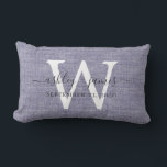 Blue Linen White Monogram Wedding Keepsake Lumbar Pillow<br><div class="desc">Elegant wedding keepsake blue woven linen effect pillow with your text in dark grey chic handwritten script calligraphy. Simply add your names, monogram and wedding date. Great gift for a newlywed couple. Exclusively designed for you by Happy Dolphin Studio. If you need any help or matching products, please contact us...</div>