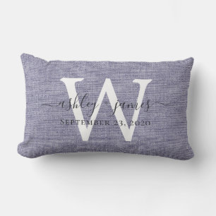 Blue Linen White Monogram Wedding Keepsake Lumbar Pillow