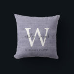 Blue Linen White Monogram Wedding Keepsake Throw Pillow<br><div class="desc">Elegant wedding keepsake blue woven linen effect pillow with your text in dark grey chic handwritten script calligraphy. Simply add your names, monogram and wedding date. Great gift for a newlywed couple. Exclusively designed for you by Happy Dolphin Studio. If you need any help or matching products, please contact us...</div>