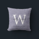 Blue Linen White Monogram Wedding Keepsake Throw Pillow<br><div class="desc">Elegant wedding keepsake blue woven linen effect pillow with your text in dark grey chic handwritten script calligraphy. Simply add your names, monogram and wedding date. Great gift for a newlywed couple. Exclusively designed for you by Happy Dolphin Studio. If you need any help or matching products, please contact us...</div>