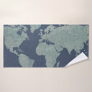 Blue Linen World Map Bath Towel Set