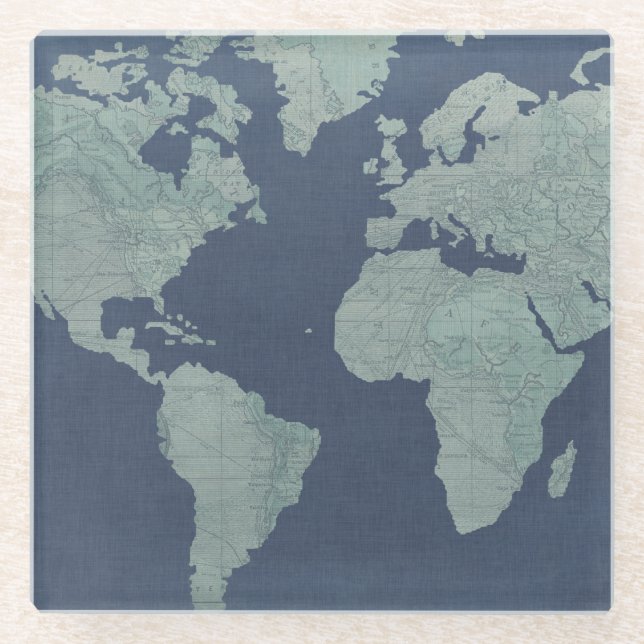 Blue Linen World Map Glass Coaster (Front)