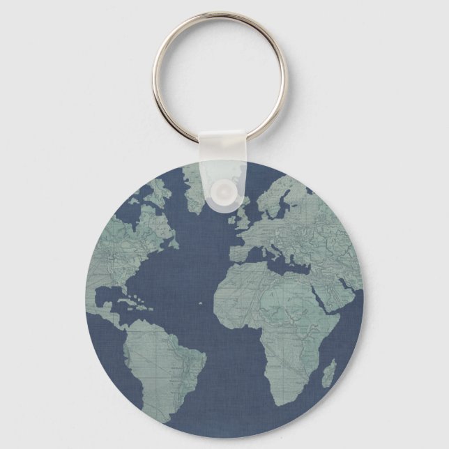 Blue Linen World Map Keychain (Front)