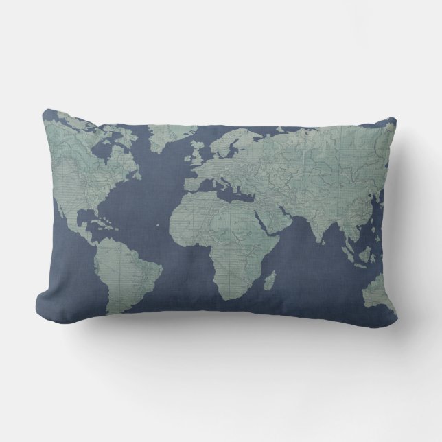Blue Linen World Map Lumbar Pillow (Front)
