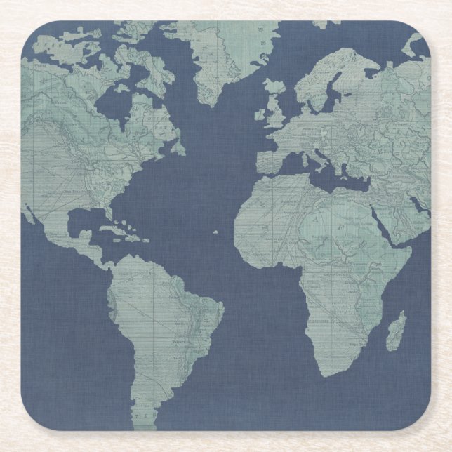Blue Linen World Map Square Paper Coaster (Front)