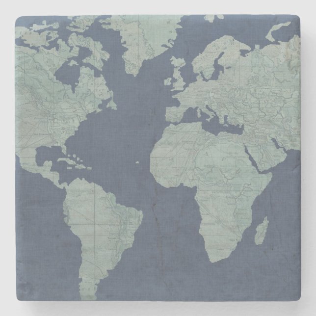 Blue Linen World Map Stone Coaster (Front)