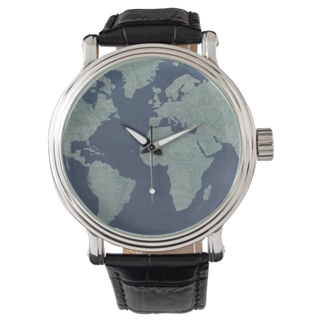 Blue Linen World Map Watch (Front)