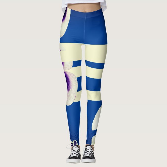 Blue, lines and flowers Leggings (Front)