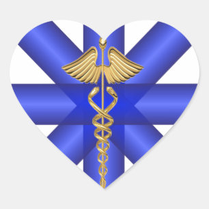 Blue Lines / Gold Caduceus EMT Symbol Heart Sticker