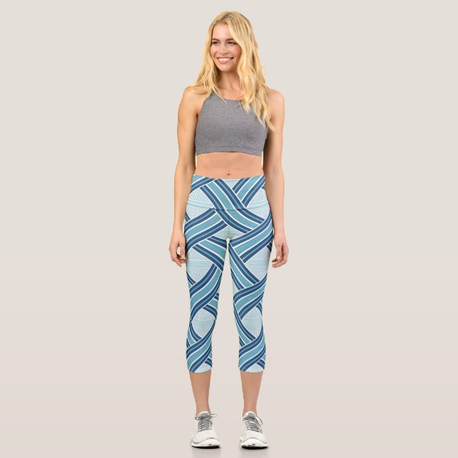 Blue Lines Pattern Capri Leggings (Front)