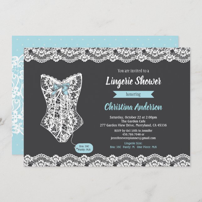 Blue lingerie shower invitation chalkboard lace (Front/Back)