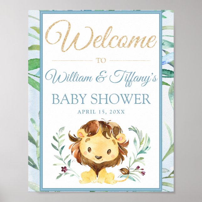 Blue Lion Boy's Baby Shower Welcome Sign Poster (Front)