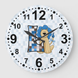 Blue Lion for Letter L and Patchwork Pattern Boys Large Clock