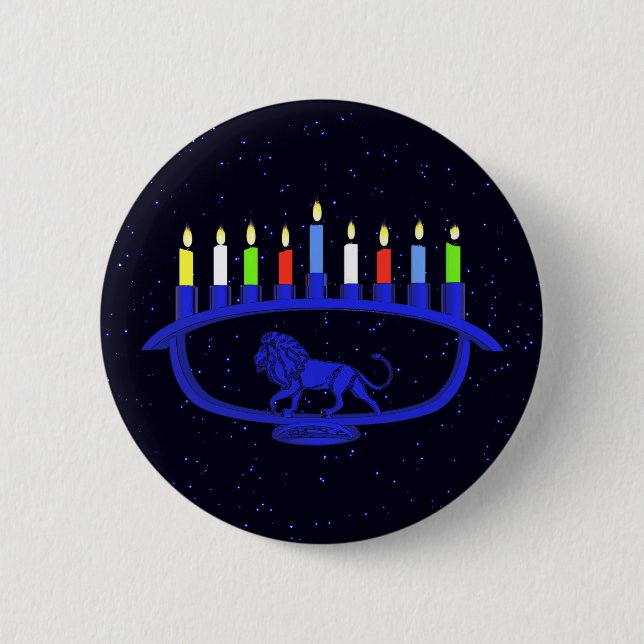 Blue Lion Menorah 2 Inch Round Button (Front)