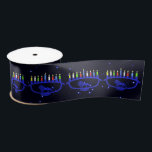 Blue Lion Menorah Satin Ribbon<br><div class="desc">Features a lion-themed Chanukkah menorah,  superimposed on a starry background,  with all eight candles and the shamash burning. Chanukkah is the mid-winter "Festival of Lights."</div>