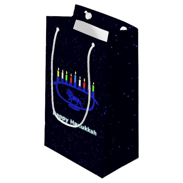 Blue Lion Menorah Small Gift Bag (Front Angled)