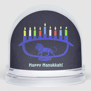 Blue Lion Menorah Snowglobe