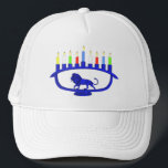 Blue Lion Menorah Trucker Hat<br><div class="desc">Features a lion-themed Chanukkah menorah with all eight candles and the shamash burning. Chanukkah is the mid-winter "Festival of Lights."</div>