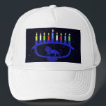 Blue Lion Menorah Trucker Hat<br><div class="desc">Features a lion-themed Chanukkah menorah with all eight candles and the shamash burning. Chanukkah is the mid-winter "Festival of Lights."</div>